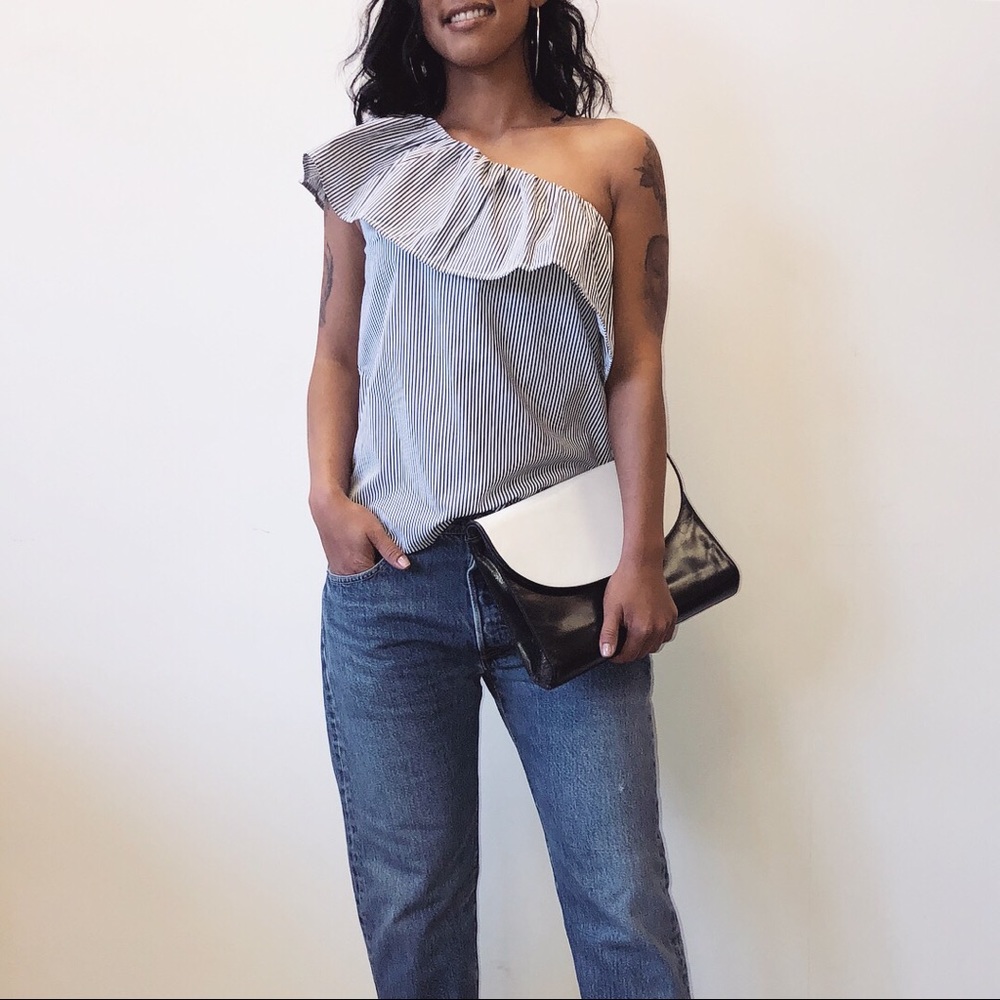 NWT Gray and White Striped One Shoulder Top - Picture 3 of 3